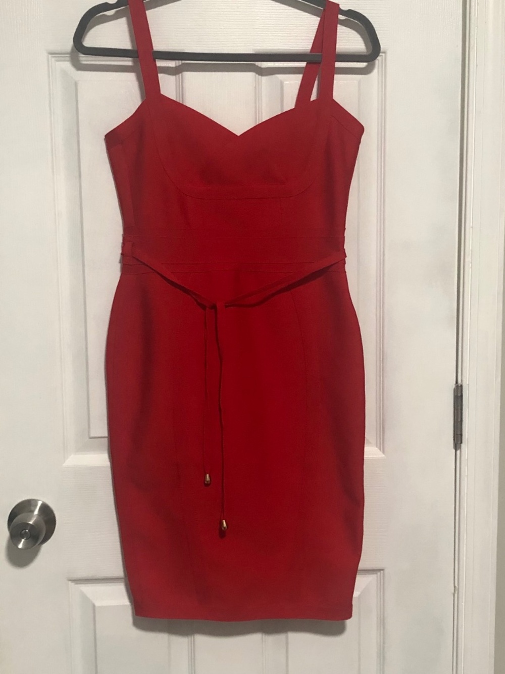 Hervé Léger Red Bandage Midi Dress Tie Waist Bodycon Size S